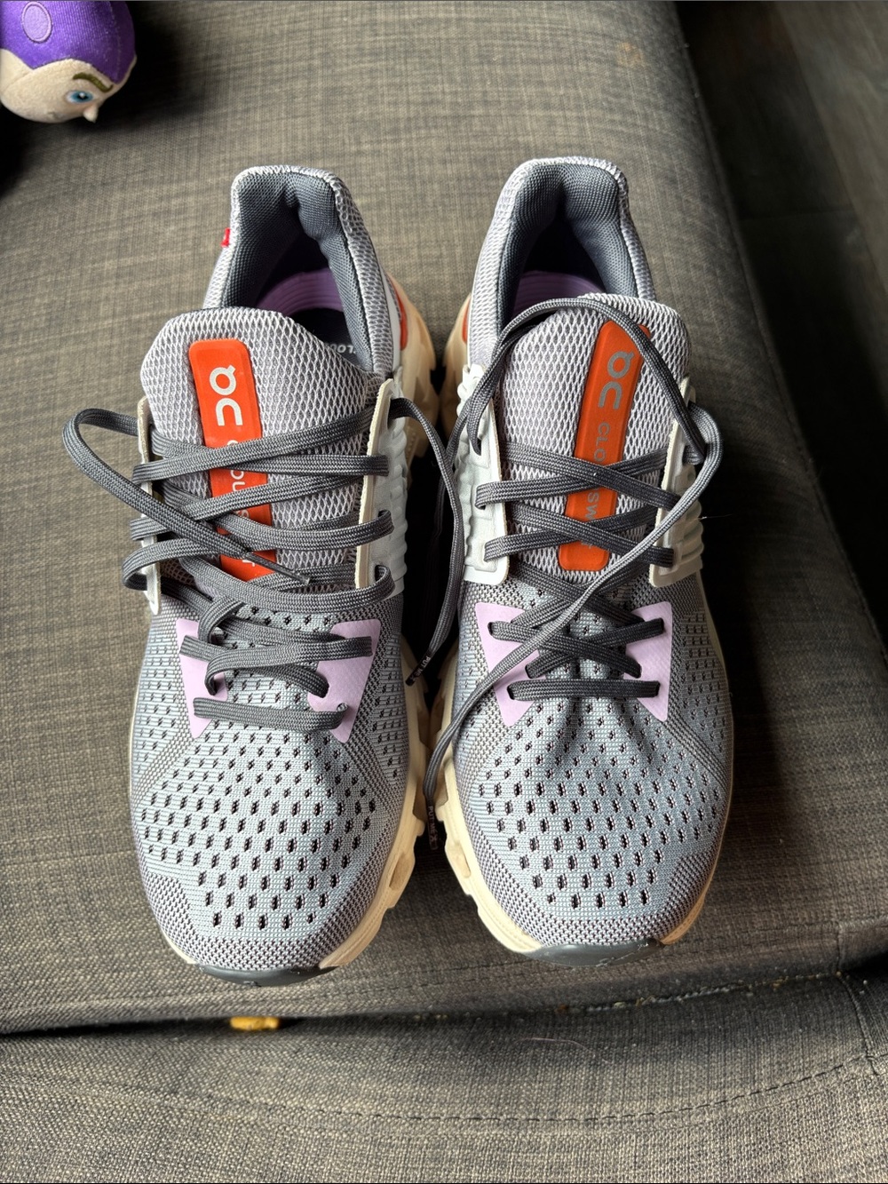 On Running Women's Gray Athletic Shoes with Purple and Orange Accents